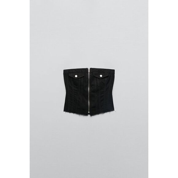 NWT Zara Black Corset Style Front Zip Closure Frayed Hem Fitted Denim Top, Large - Picture 10 of 16